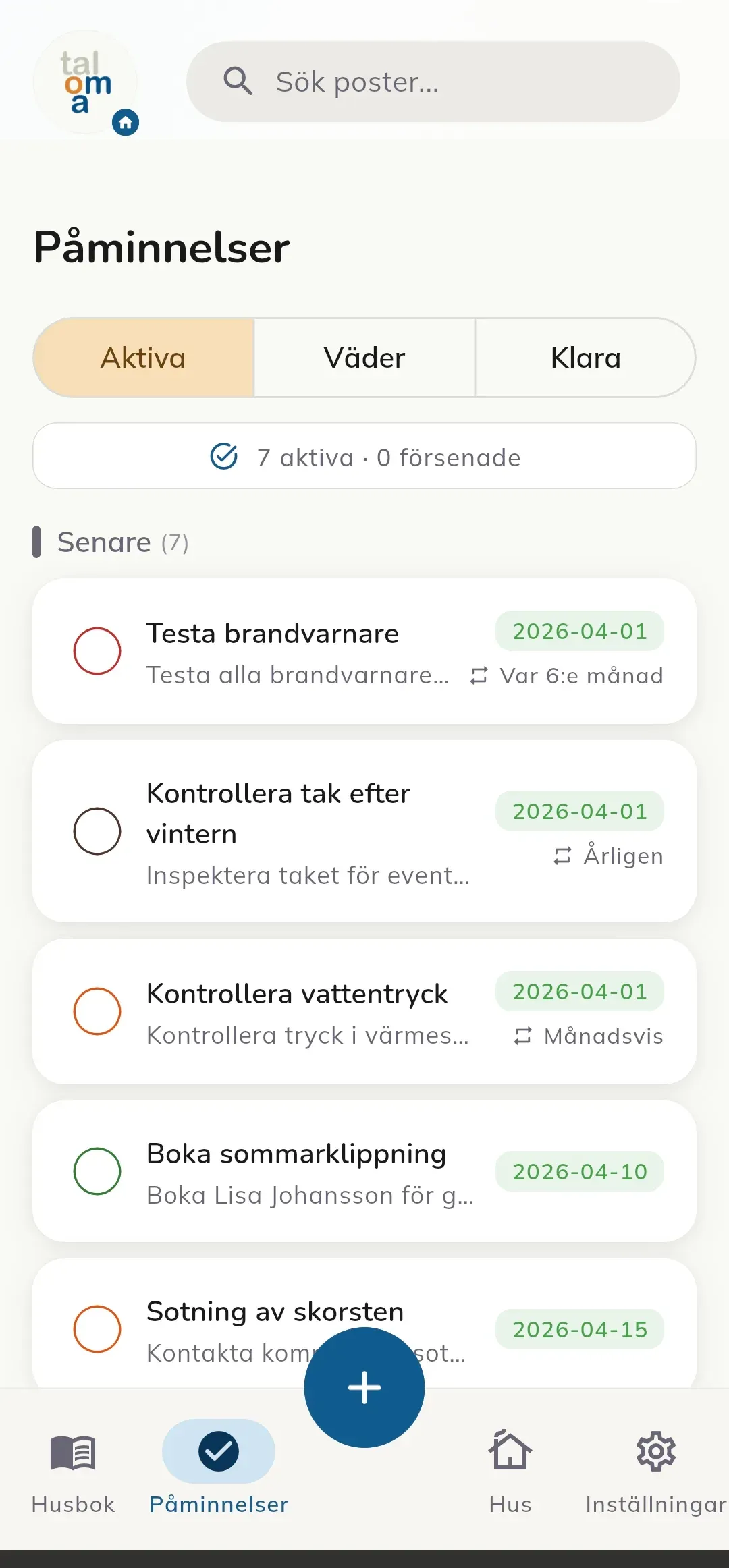 Påminnelsevyn i Taloma-appen