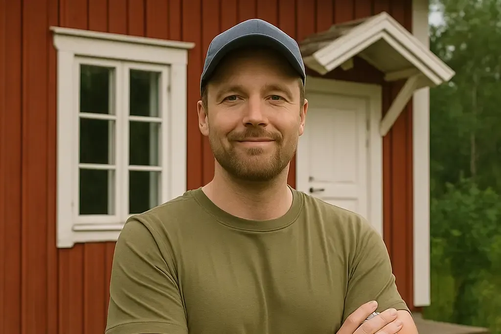 Taloman kehittäjä mökin edustalla
